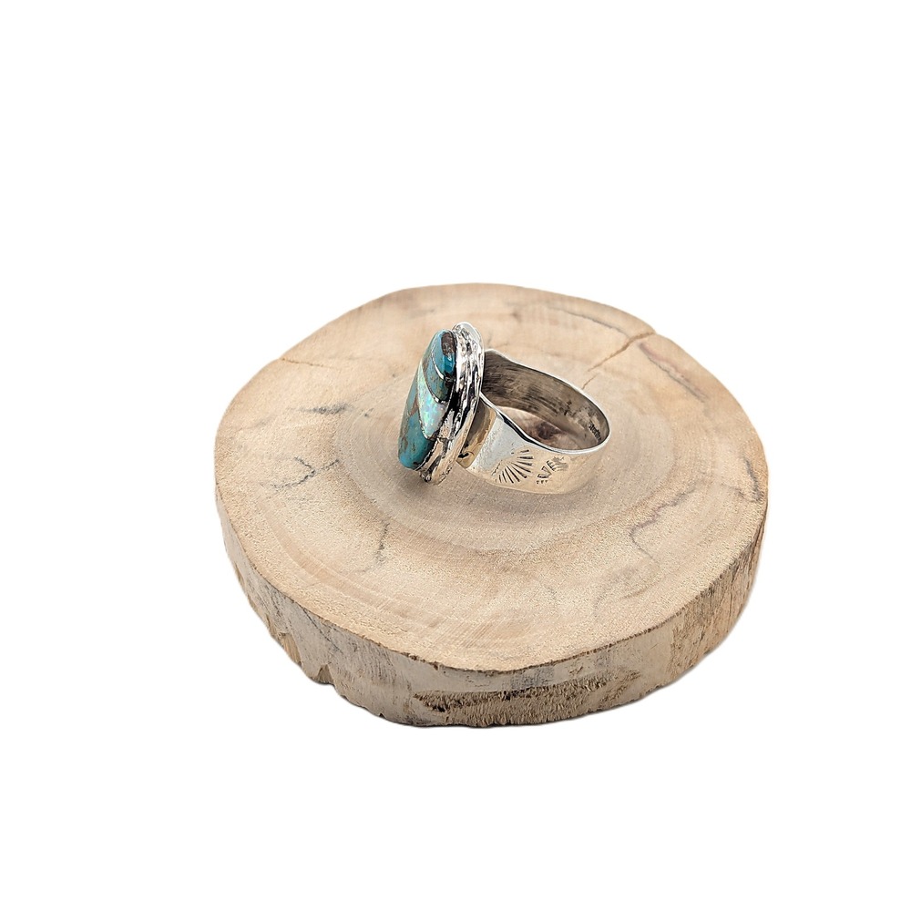 Handcrafted Navajo Turquoise Opal Inlay Oval Tri-Cut Ring Signed NA Sz 12 US** - Picture 7 of 10